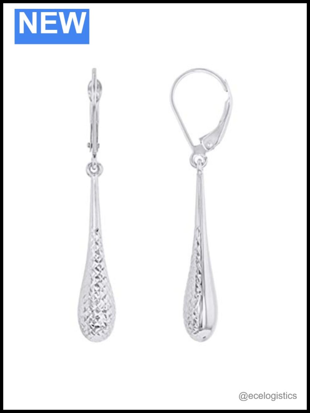 14k White Gold Textured Teardrop Dangle Drop Earrings 6mm Lever Back